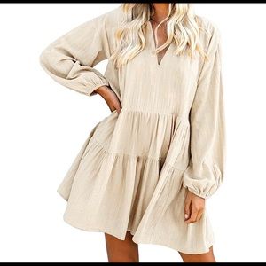Cream 3 Tiered Long Sleeve Dress knee length